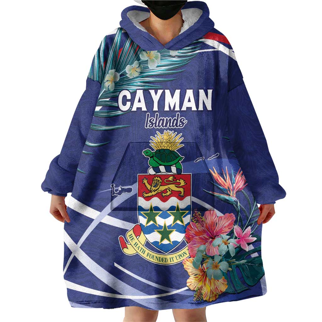 Personalized Cayman Islands Wearable Blanket Hoodie Coat Of Arms Tropical Flowers