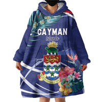 Personalized Cayman Islands Wearable Blanket Hoodie Coat Of Arms Tropical Flowers