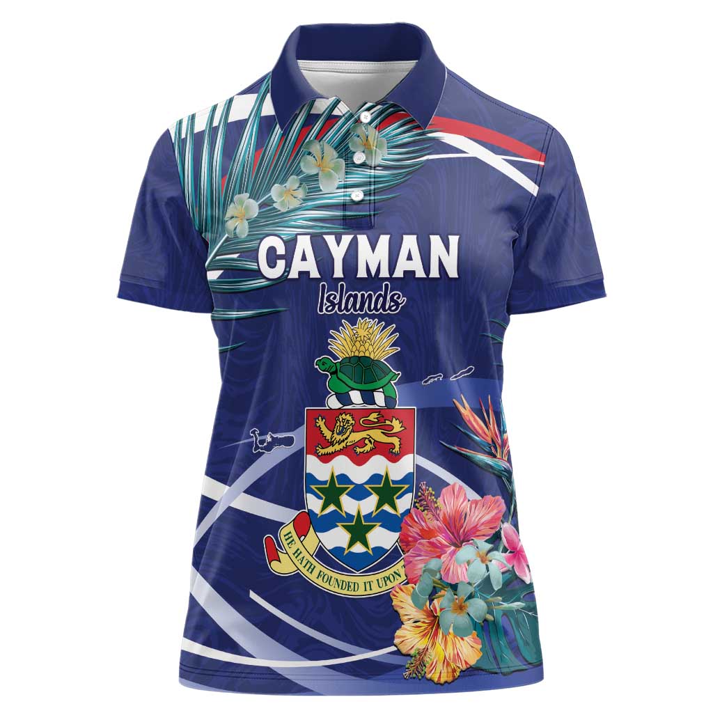 Personalized Cayman Islands Women Polo Shirt Coat Of Arms Tropical Flowers