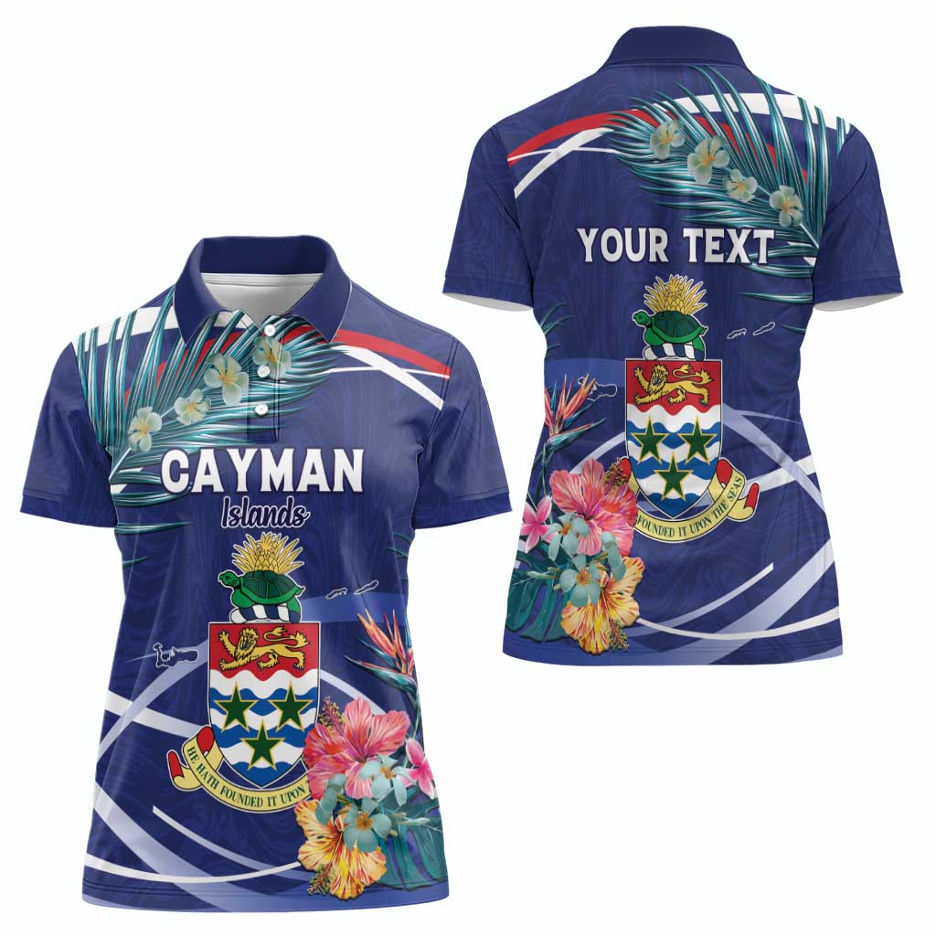 Personalized Cayman Islands Women Polo Shirt Coat Of Arms Tropical Flowers