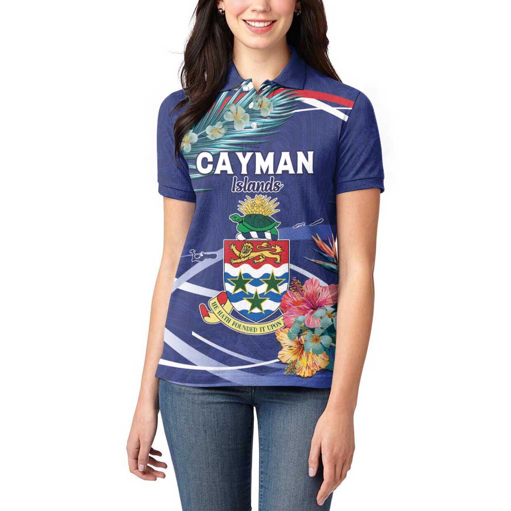 Personalized Cayman Islands Women Polo Shirt Coat Of Arms Tropical Flowers