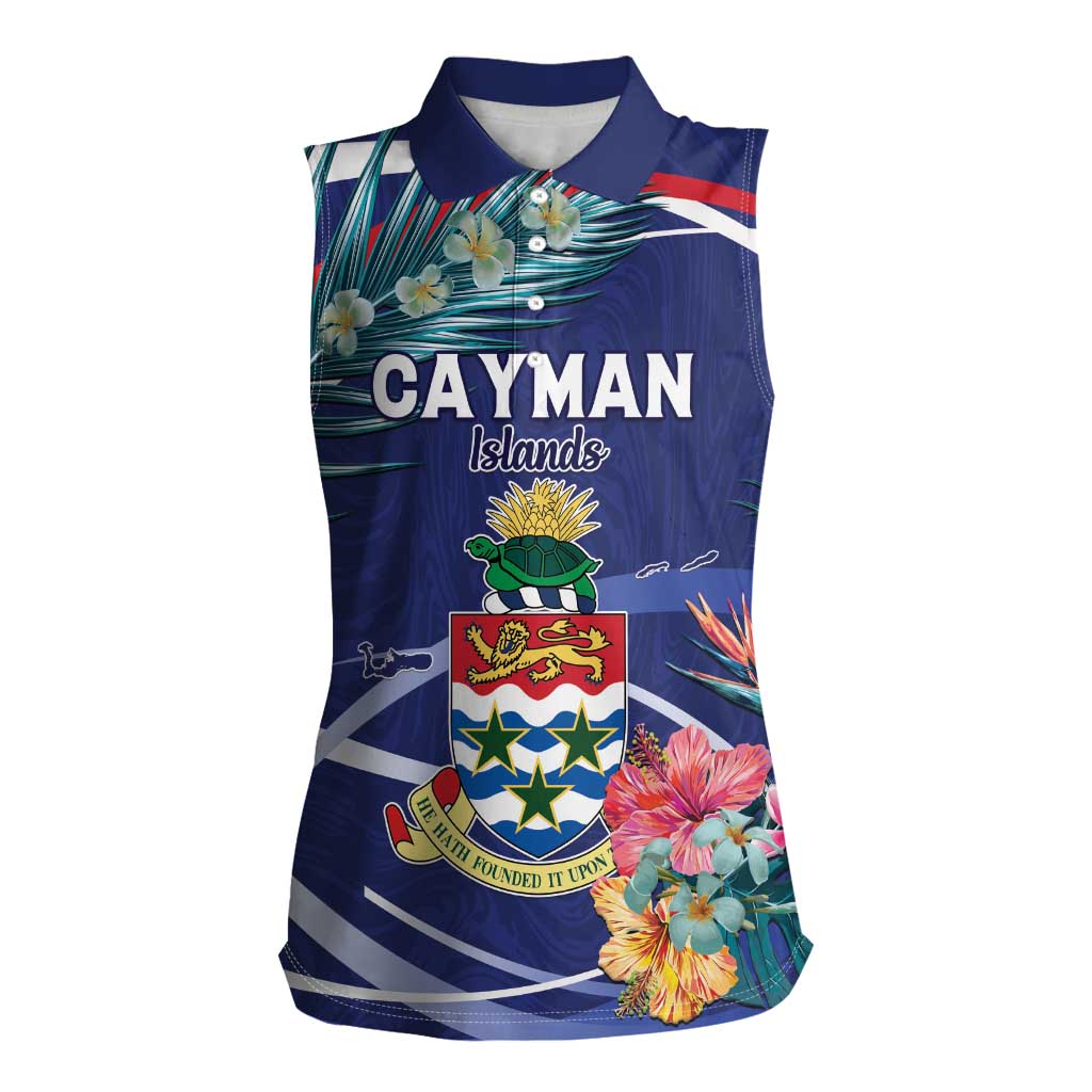 Personalized Cayman Islands Women Sleeveless Polo Shirt Coat Of Arms Tropical Flowers