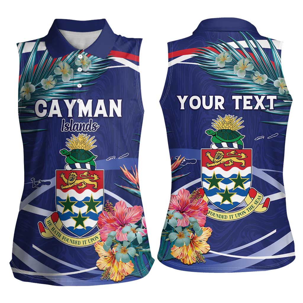 Personalized Cayman Islands Women Sleeveless Polo Shirt Coat Of Arms Tropical Flowers