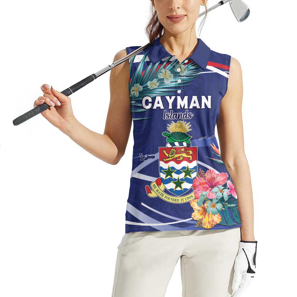 Personalized Cayman Islands Women Sleeveless Polo Shirt Coat Of Arms Tropical Flowers