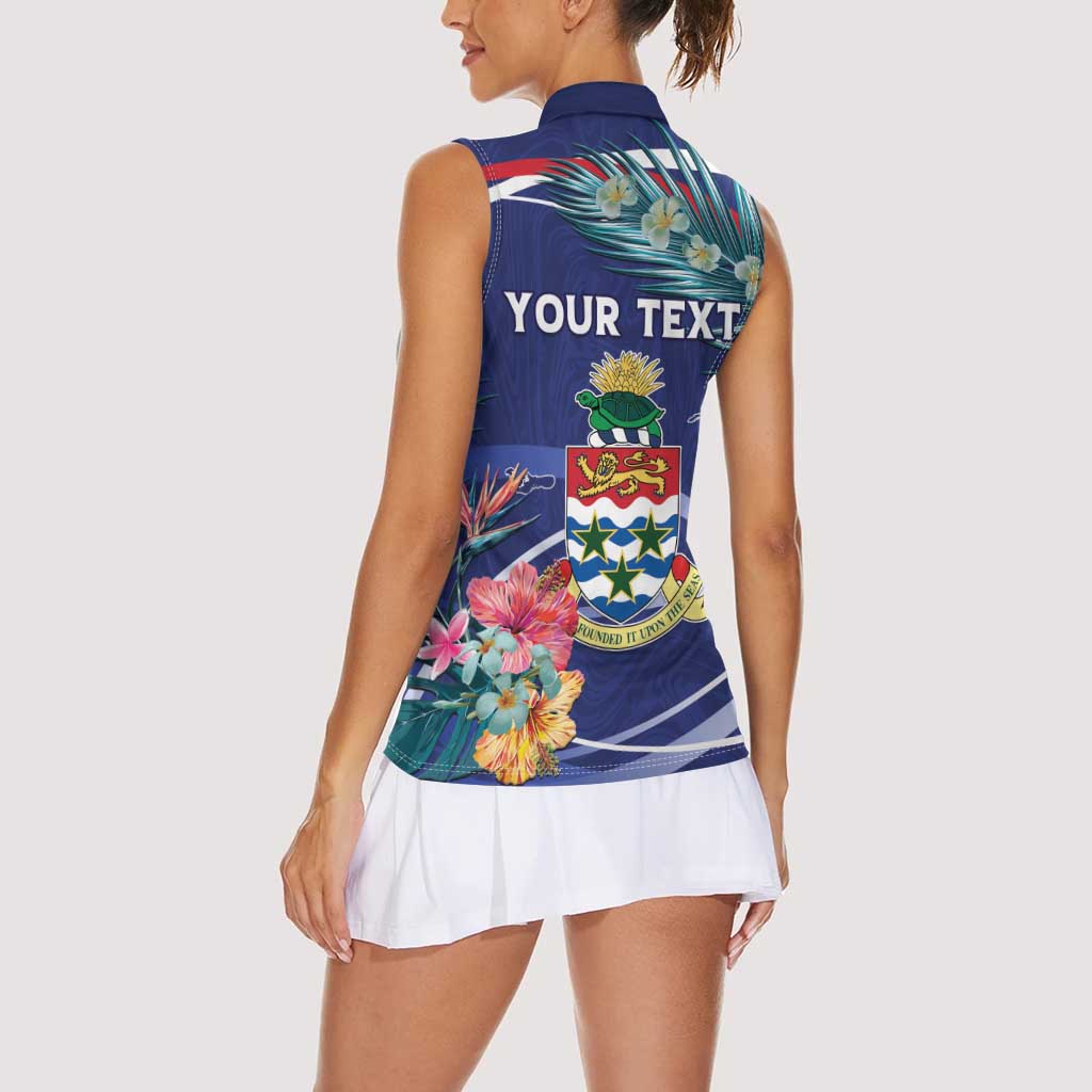 Personalized Cayman Islands Women Sleeveless Polo Shirt Coat Of Arms Tropical Flowers