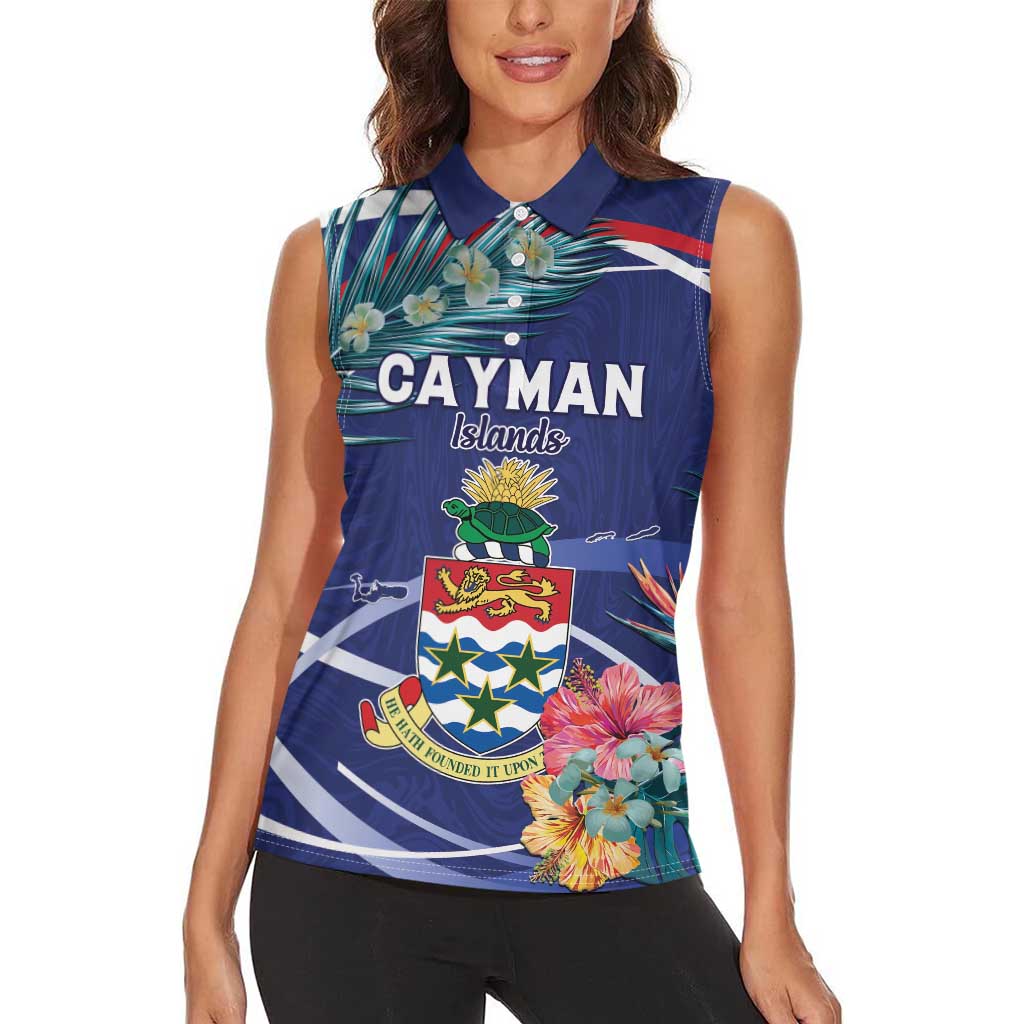 Personalized Cayman Islands Women Sleeveless Polo Shirt Coat Of Arms Tropical Flowers