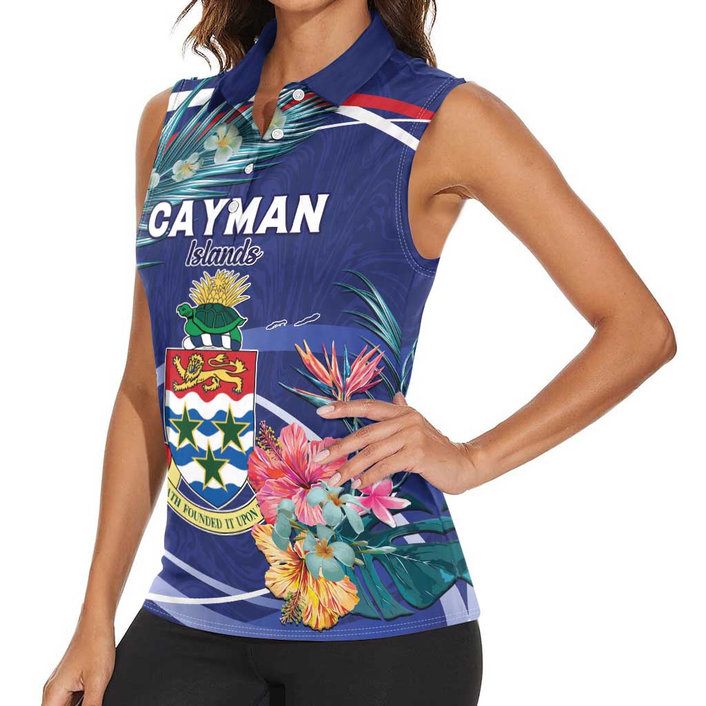 Personalized Cayman Islands Women Sleeveless Polo Shirt Coat Of Arms Tropical Flowers