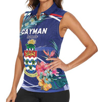 Personalized Cayman Islands Women Sleeveless Polo Shirt Coat Of Arms Tropical Flowers
