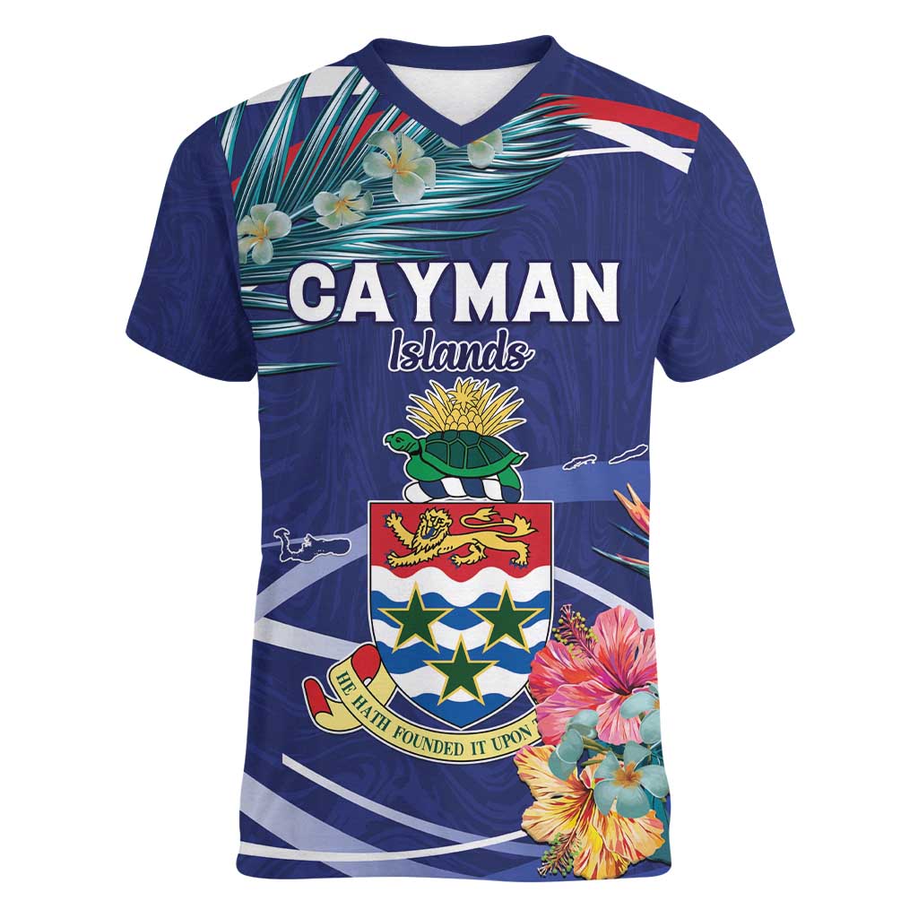 Personalized Cayman Islands Women V-Neck T-Shirt Coat Of Arms Tropical Flowers
