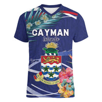 Personalized Cayman Islands Women V-Neck T-Shirt Coat Of Arms Tropical Flowers
