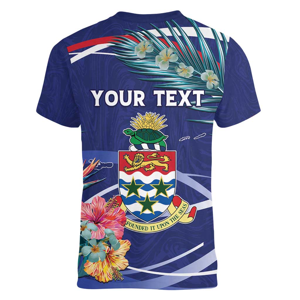 Personalized Cayman Islands Women V-Neck T-Shirt Coat Of Arms Tropical Flowers