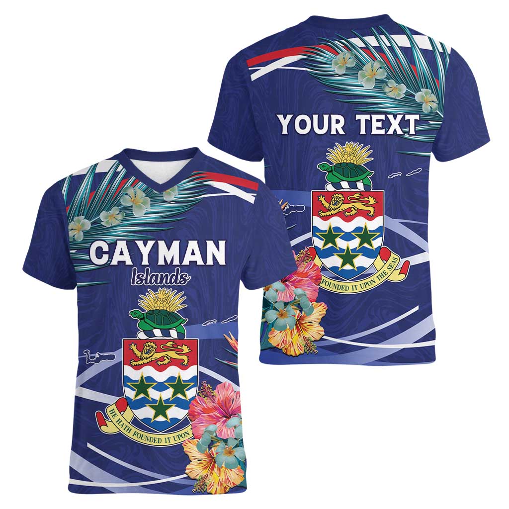 Personalized Cayman Islands Women V-Neck T-Shirt Coat Of Arms Tropical Flowers