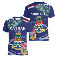 Personalized Cayman Islands Women V-Neck T-Shirt Coat Of Arms Tropical Flowers