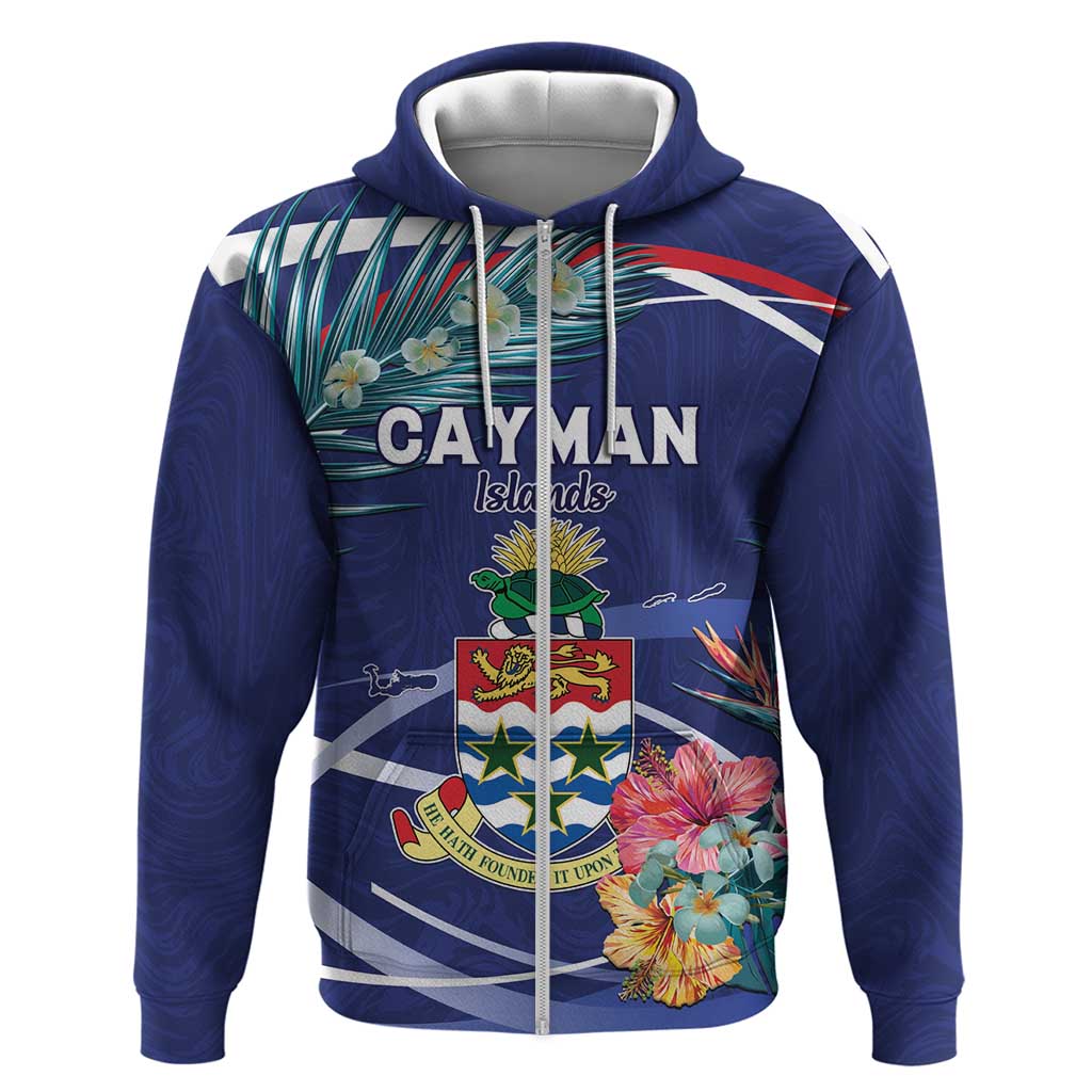 Personalized Cayman Islands Zip Hoodie Coat Of Arms Tropical Flowers