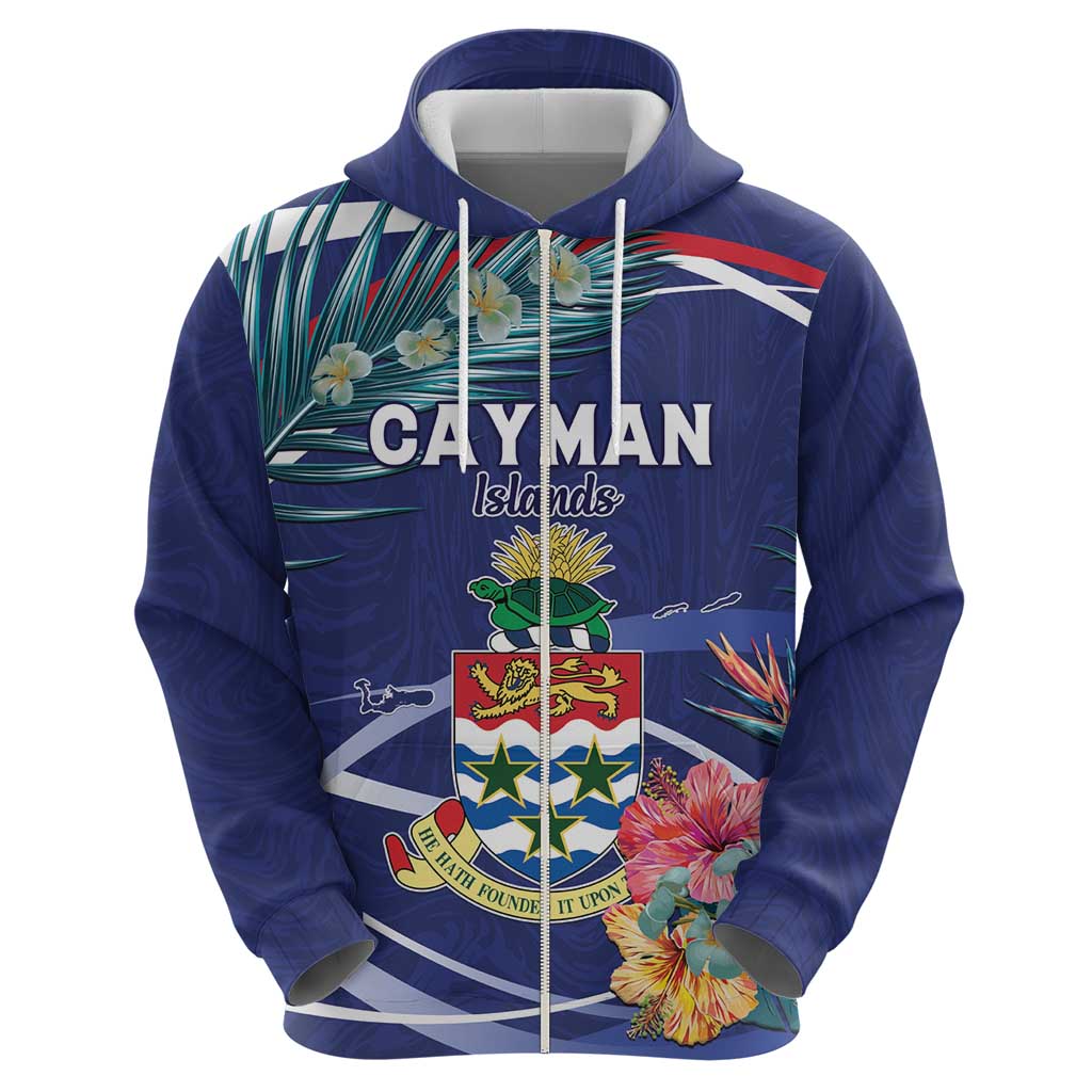 Personalized Cayman Islands Zip Hoodie Coat Of Arms Tropical Flowers