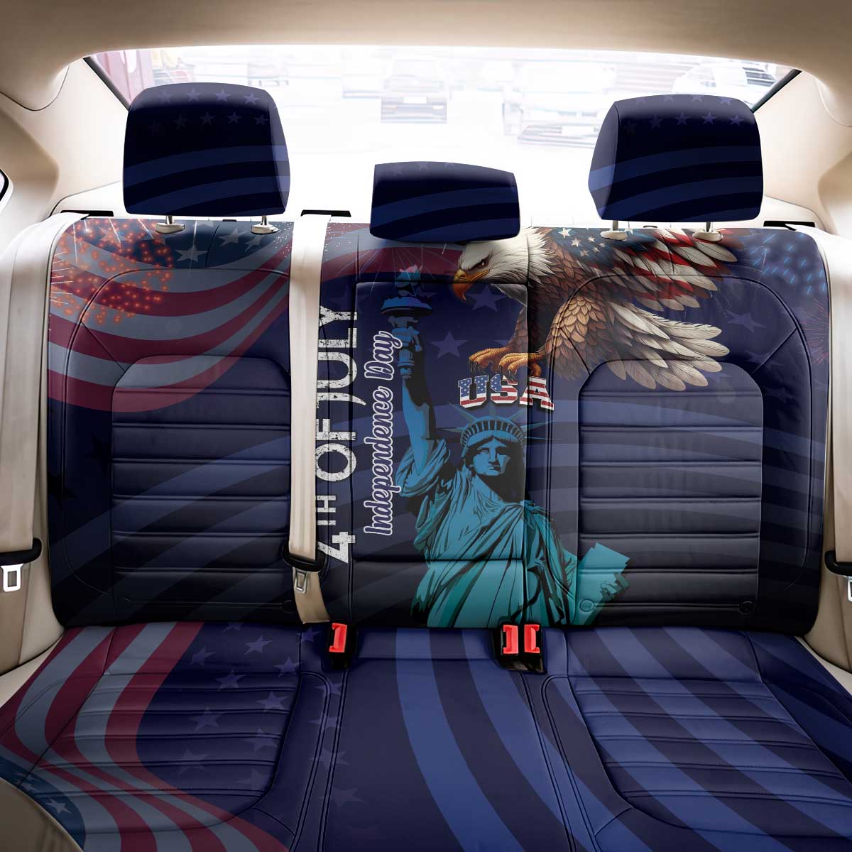 Fourth Of July USA Back Car Seat Cover Eagle - Statue Of Liberty