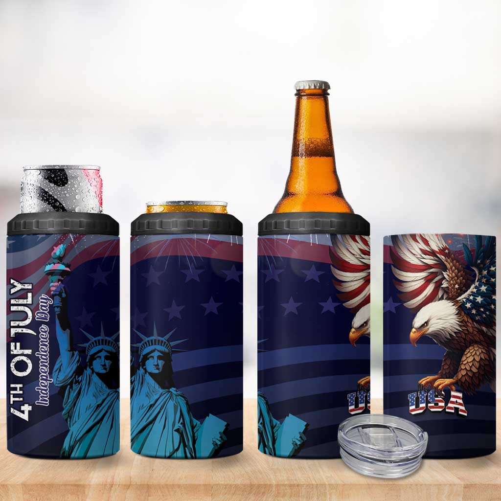 Fourth Of July USA 4 in 1 Can Cooler Tumbler Eagle - Statue Of Liberty