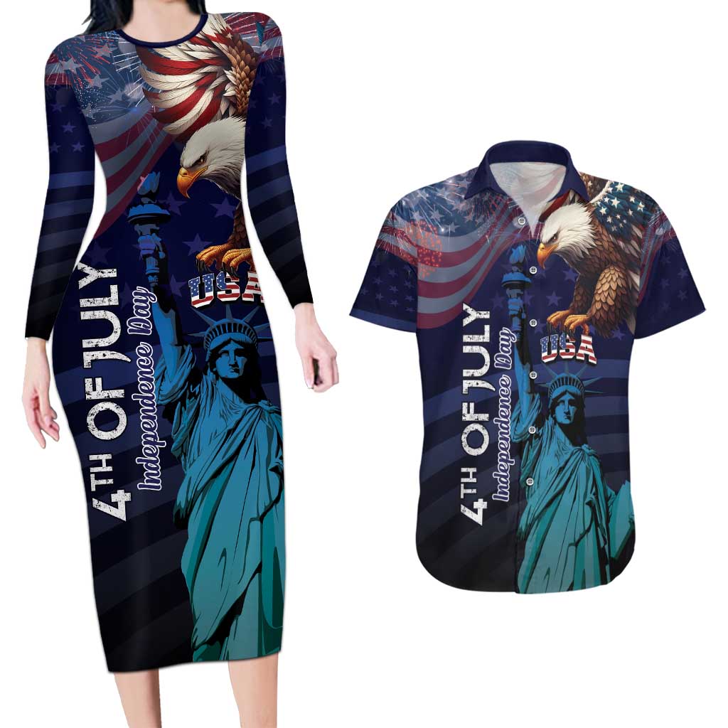 Personalized Fourth Of July USA Couples Matching Long Sleeve Bodycon Dress and Hawaiian Shirt Eagle - Statue Of Liberty