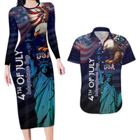 Personalized Fourth Of July USA Couples Matching Long Sleeve Bodycon Dress and Hawaiian Shirt Eagle - Statue Of Liberty