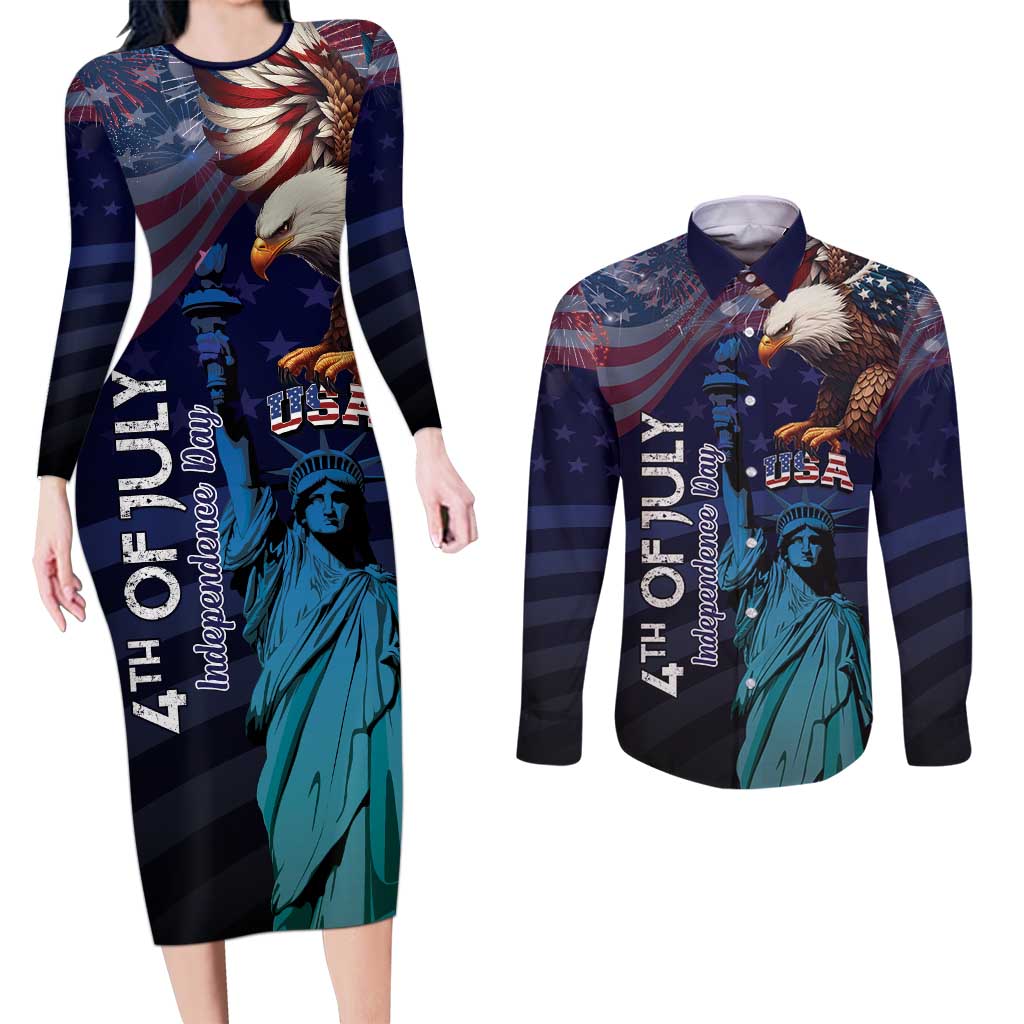 Personalized Fourth Of July USA Couples Matching Long Sleeve Bodycon Dress and Long Sleeve Button Shirt Eagle - Statue Of Liberty