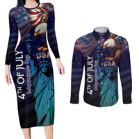 Personalized Fourth Of July USA Couples Matching Long Sleeve Bodycon Dress and Long Sleeve Button Shirt Eagle - Statue Of Liberty
