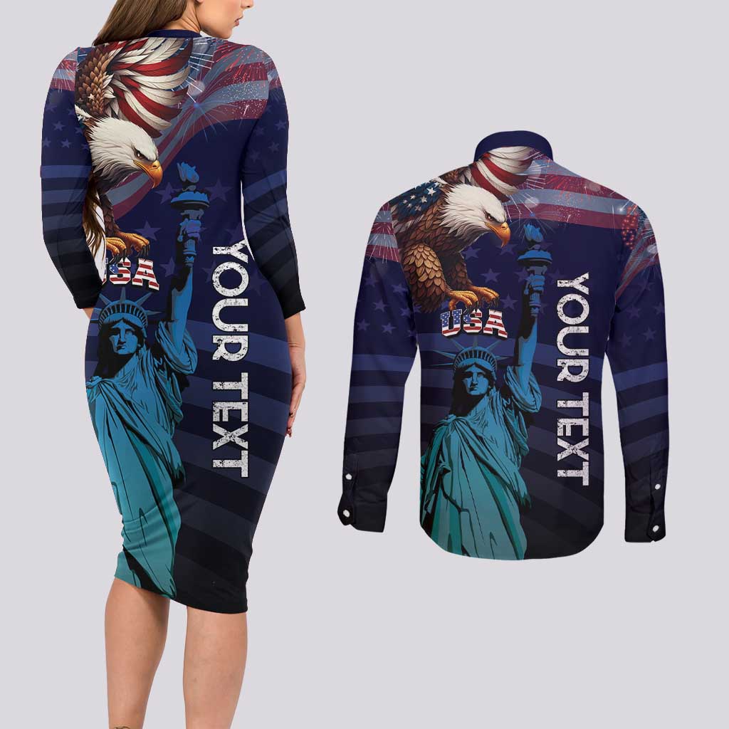 Personalized Fourth Of July USA Couples Matching Long Sleeve Bodycon Dress and Long Sleeve Button Shirt Eagle - Statue Of Liberty