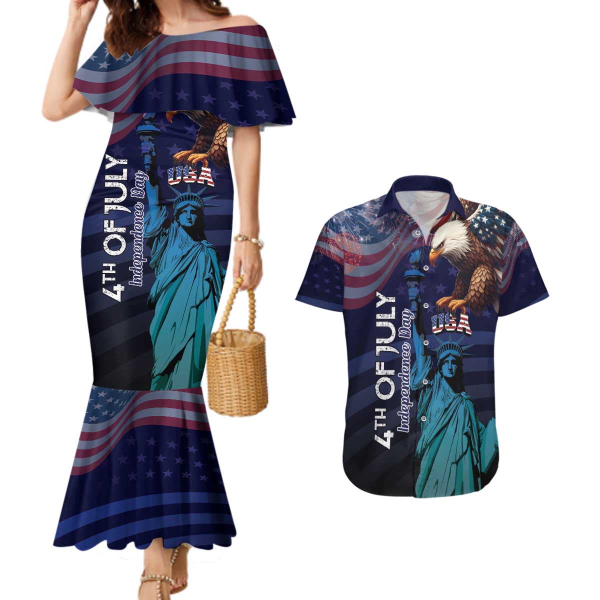 Personalized Fourth Of July USA Couples Matching Mermaid Dress and Hawaiian Shirt Eagle - Statue Of Liberty