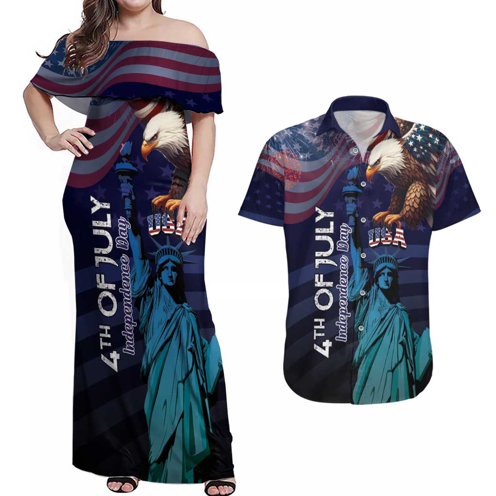 Personalized Fourth Of July USA Couples Matching Off Shoulder Maxi Dress and Hawaiian Shirt Eagle - Statue Of Liberty