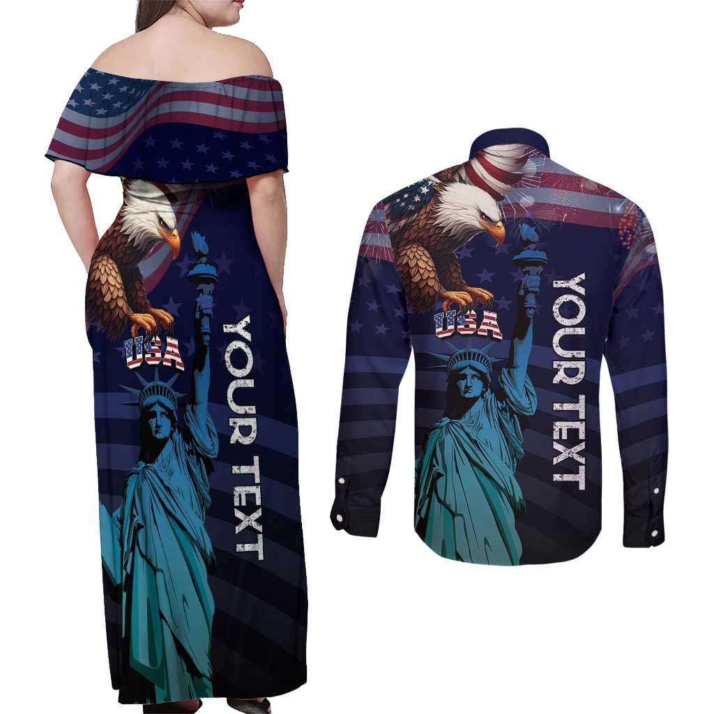 Personalized Fourth Of July USA Couples Matching Off Shoulder Maxi Dress and Long Sleeve Button Shirt Eagle - Statue Of Liberty