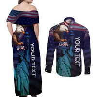 Personalized Fourth Of July USA Couples Matching Off Shoulder Maxi Dress and Long Sleeve Button Shirt Eagle - Statue Of Liberty