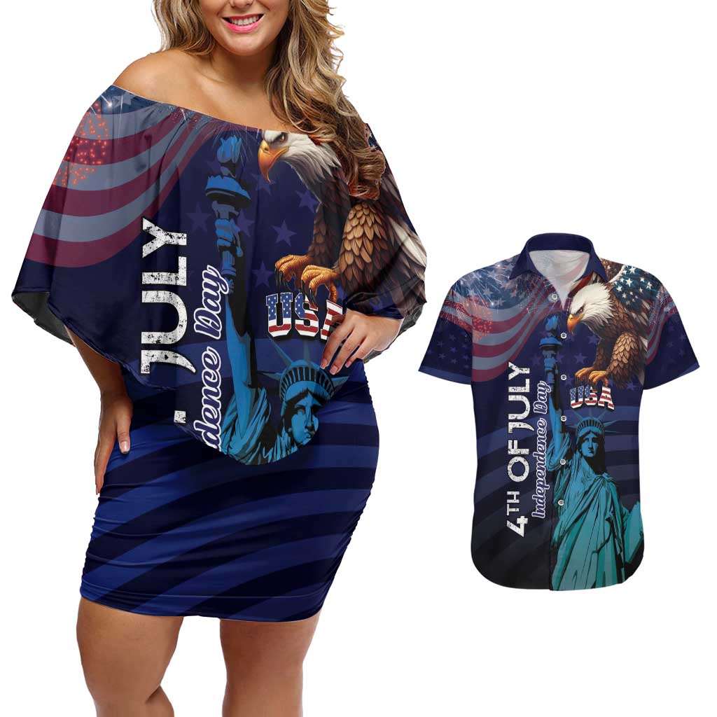 Personalized Fourth Of July USA Couples Matching Off Shoulder Short Dress and Hawaiian Shirt Eagle - Statue Of Liberty