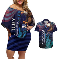 Personalized Fourth Of July USA Couples Matching Off Shoulder Short Dress and Hawaiian Shirt Eagle - Statue Of Liberty