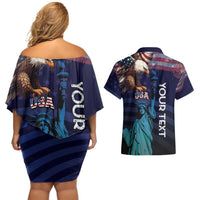 Personalized Fourth Of July USA Couples Matching Off Shoulder Short Dress and Hawaiian Shirt Eagle - Statue Of Liberty