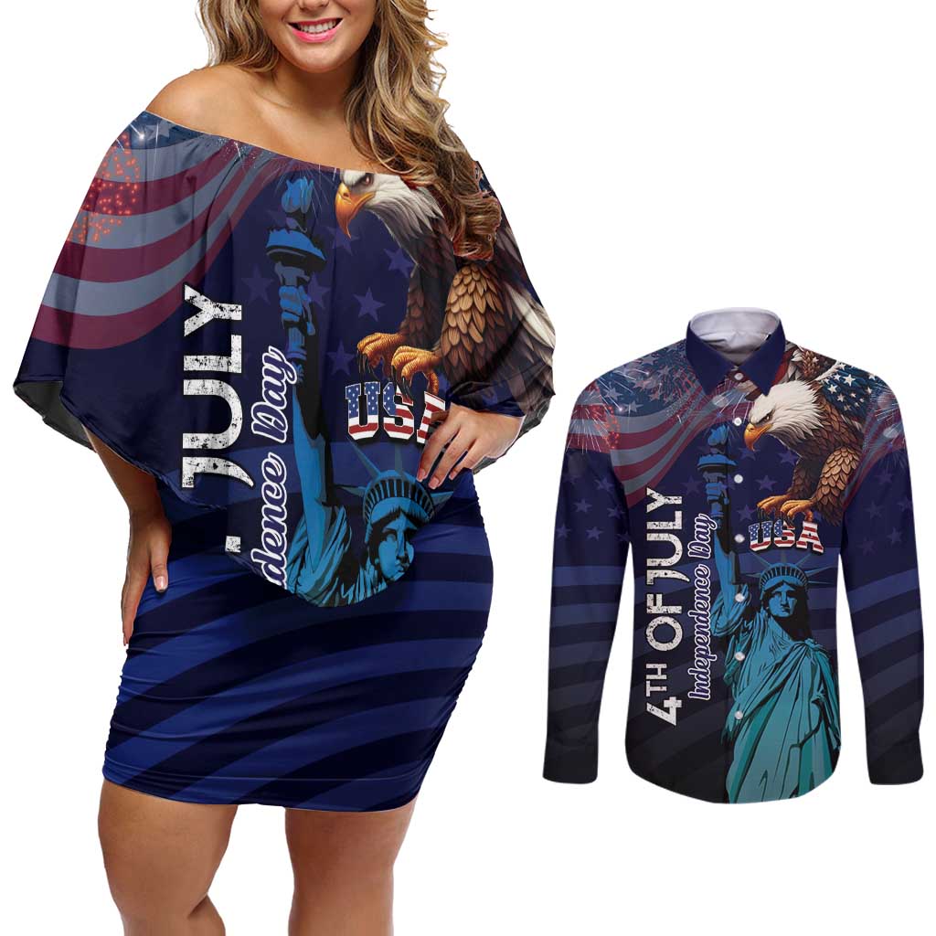 Personalized Fourth Of July USA Couples Matching Off Shoulder Short Dress and Long Sleeve Button Shirt Eagle - Statue Of Liberty