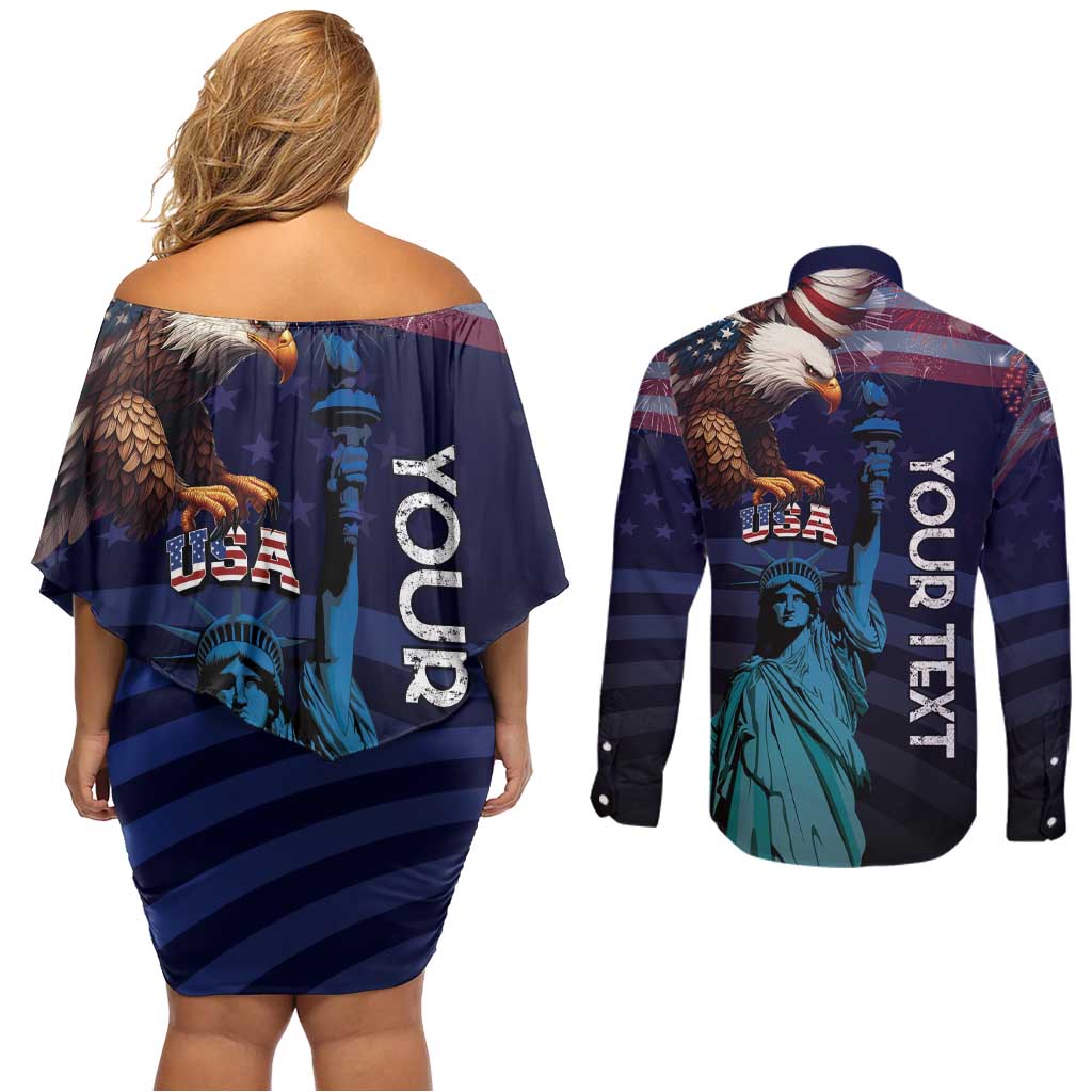 Personalized Fourth Of July USA Couples Matching Off Shoulder Short Dress and Long Sleeve Button Shirt Eagle - Statue Of Liberty