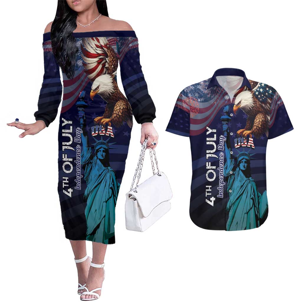 Personalized Fourth Of July USA Couples Matching Off The Shoulder Long Sleeve Dress and Hawaiian Shirt Eagle - Statue Of Liberty