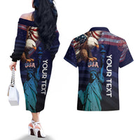 Personalized Fourth Of July USA Couples Matching Off The Shoulder Long Sleeve Dress and Hawaiian Shirt Eagle - Statue Of Liberty