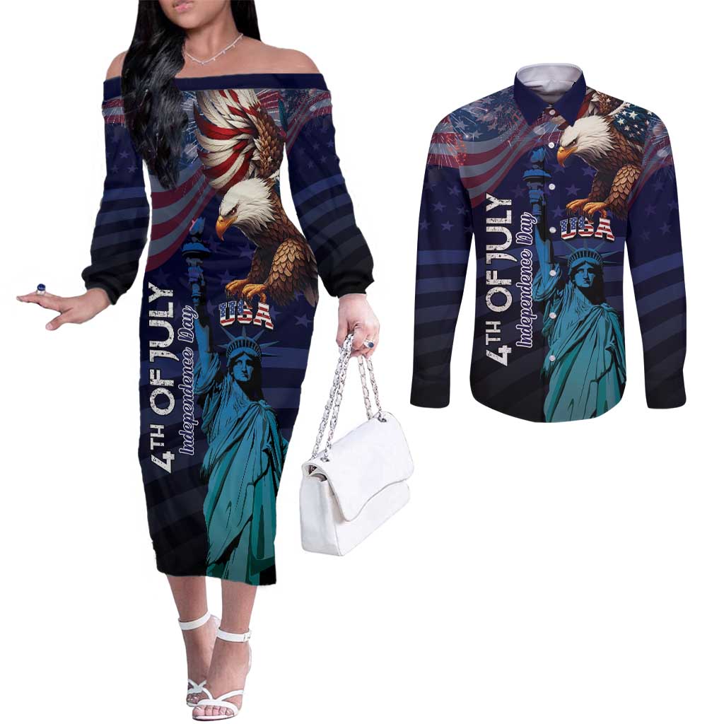 Personalized Fourth Of July USA Couples Matching Off The Shoulder Long Sleeve Dress and Long Sleeve Button Shirt Eagle - Statue Of Liberty