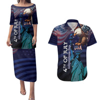 Personalized Fourth Of July USA Couples Matching Puletasi and Hawaiian Shirt Eagle - Statue Of Liberty