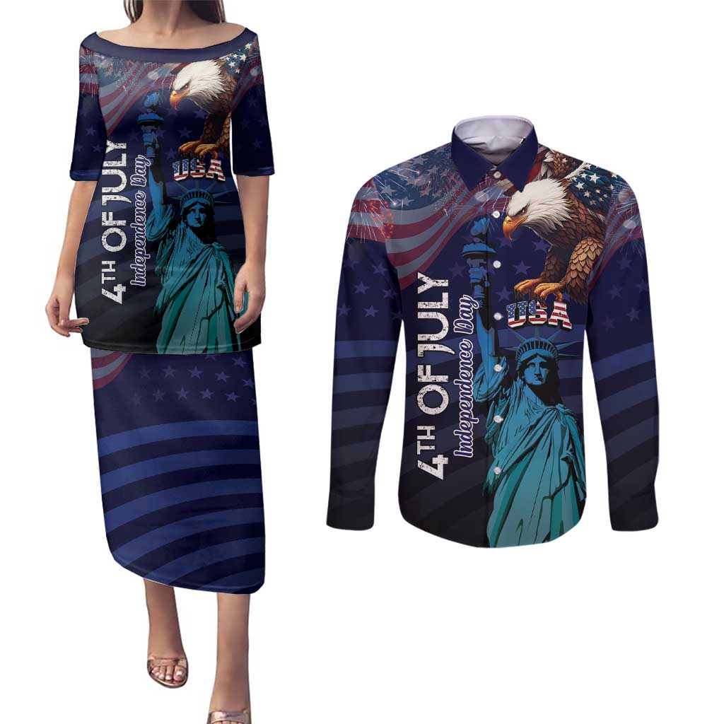 Personalized Fourth Of July USA Couples Matching Puletasi and Long Sleeve Button Shirt Eagle - Statue Of Liberty