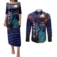Personalized Fourth Of July USA Couples Matching Puletasi and Long Sleeve Button Shirt Eagle - Statue Of Liberty