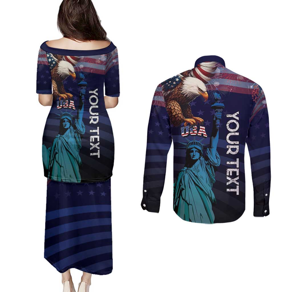 Personalized Fourth Of July USA Couples Matching Puletasi and Long Sleeve Button Shirt Eagle - Statue Of Liberty