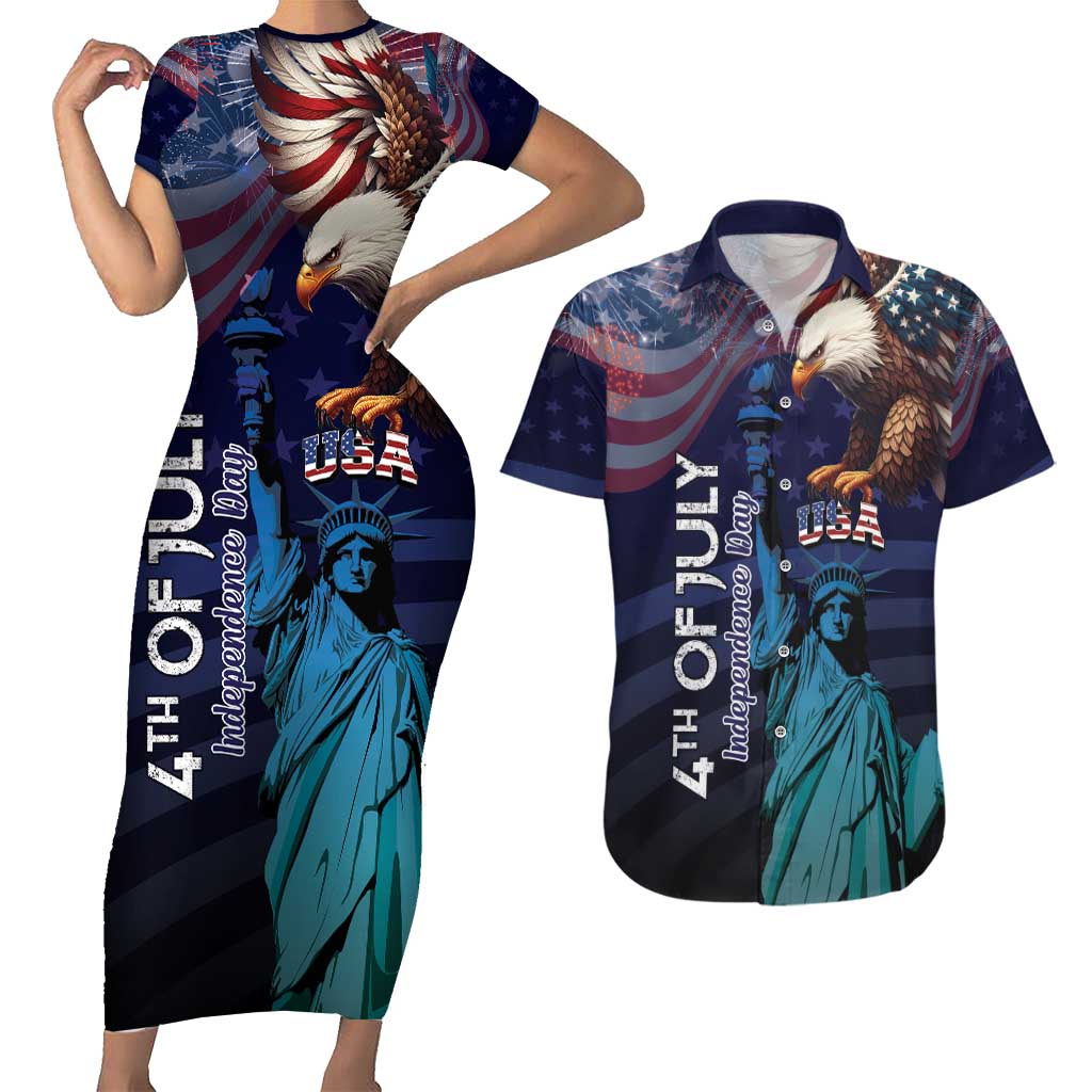 Personalized Fourth Of July USA Couples Matching Short Sleeve Bodycon Dress and Hawaiian Shirt Eagle - Statue Of Liberty