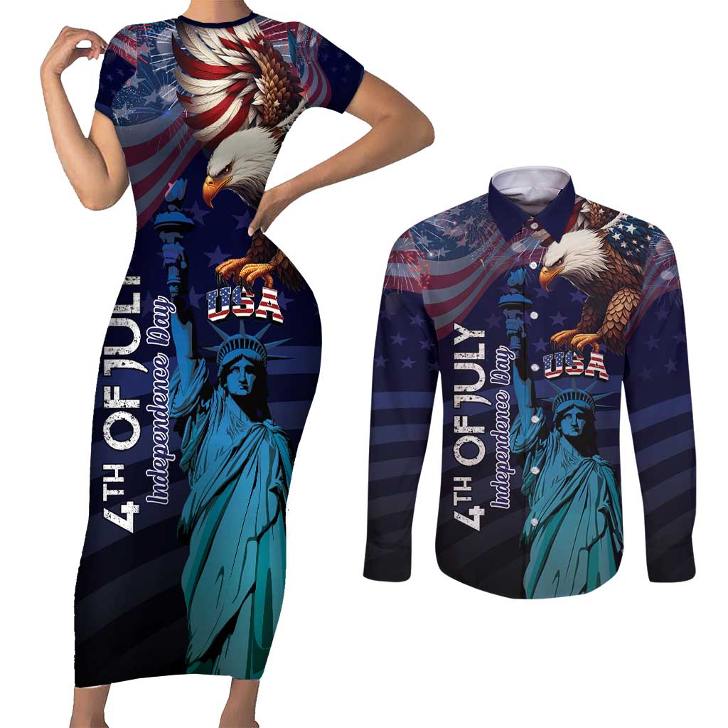 Personalized Fourth Of July USA Couples Matching Short Sleeve Bodycon Dress and Long Sleeve Button Shirt Eagle - Statue Of Liberty