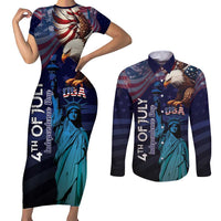 Personalized Fourth Of July USA Couples Matching Short Sleeve Bodycon Dress and Long Sleeve Button Shirt Eagle - Statue Of Liberty