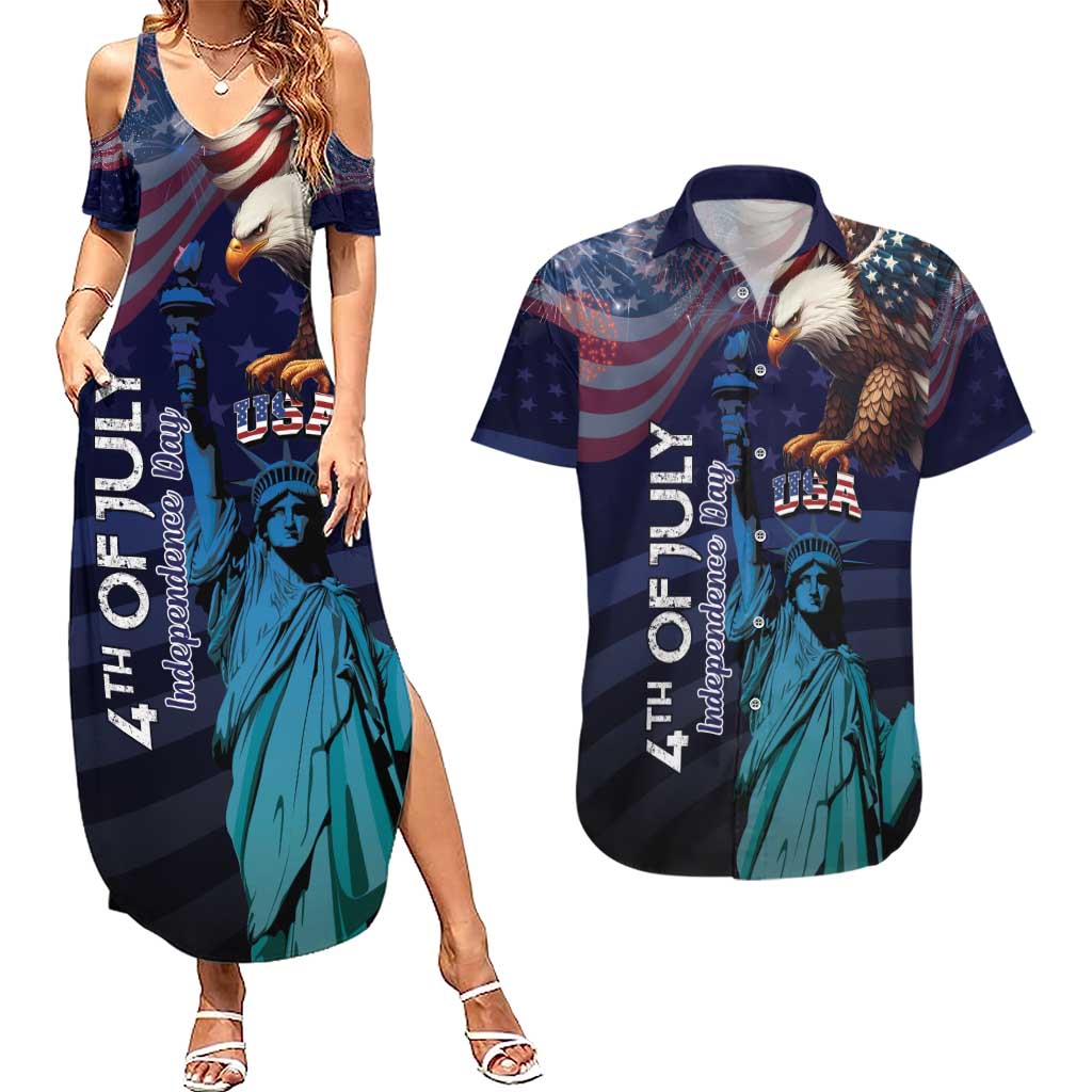 Personalized Fourth Of July USA Couples Matching Summer Maxi Dress and Hawaiian Shirt Eagle - Statue Of Liberty