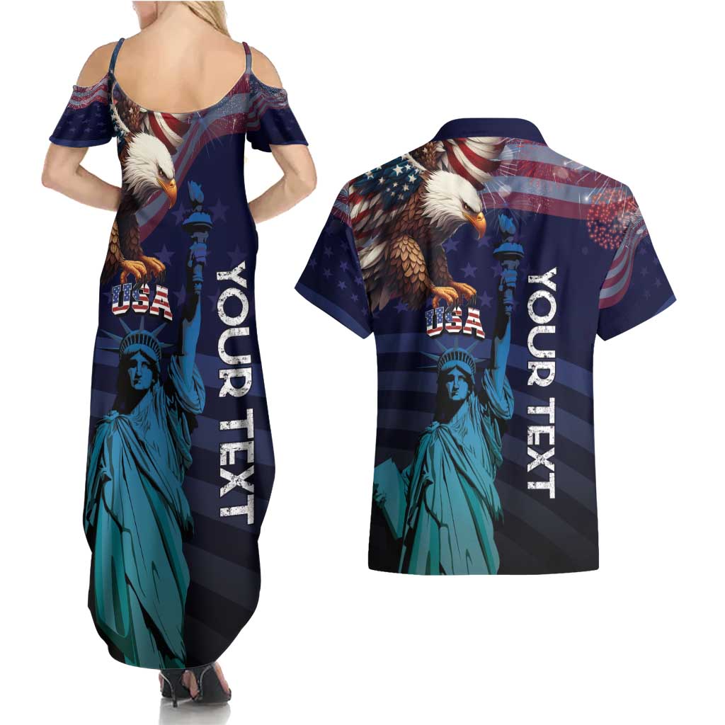 Personalized Fourth Of July USA Couples Matching Summer Maxi Dress and Hawaiian Shirt Eagle - Statue Of Liberty