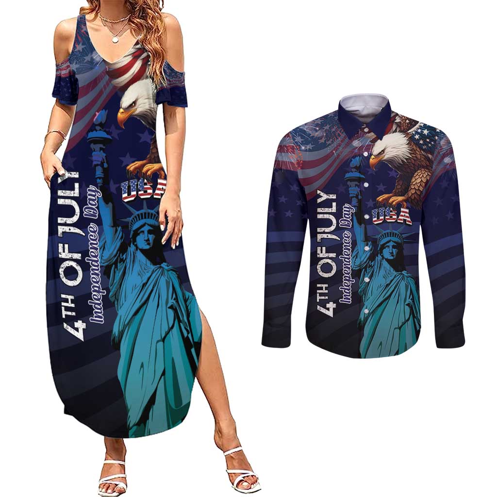 Personalized Fourth Of July USA Couples Matching Summer Maxi Dress and Long Sleeve Button Shirt Eagle - Statue Of Liberty