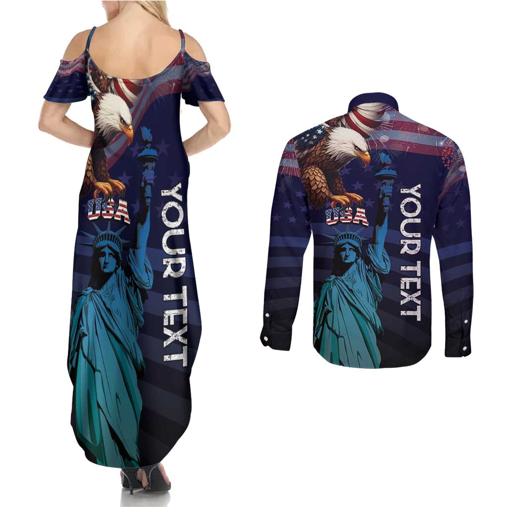 Personalized Fourth Of July USA Couples Matching Summer Maxi Dress and Long Sleeve Button Shirt Eagle - Statue Of Liberty