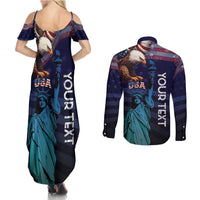 Personalized Fourth Of July USA Couples Matching Summer Maxi Dress and Long Sleeve Button Shirt Eagle - Statue Of Liberty